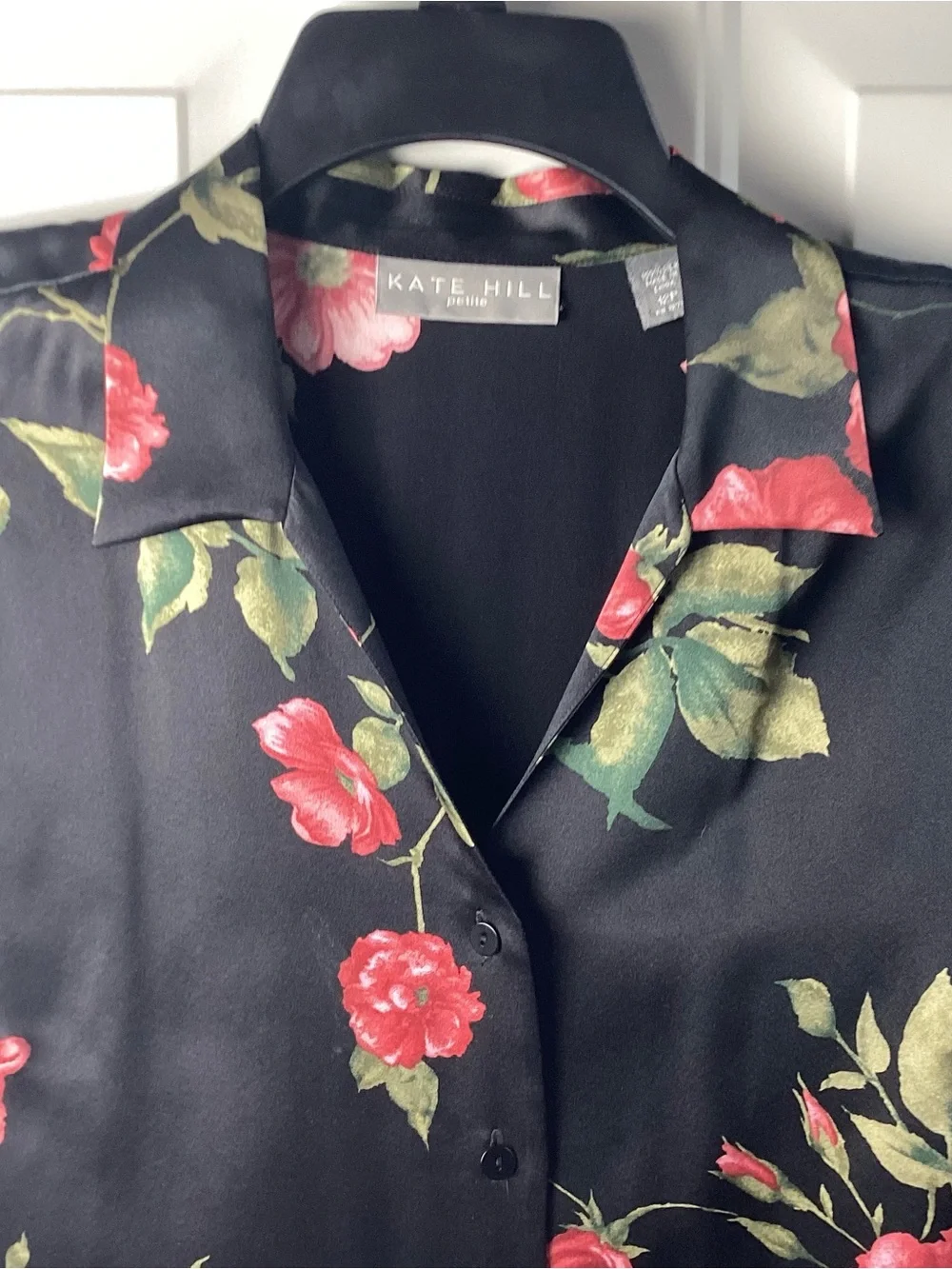 Kate Hill Black Floral Silk  Blouse with Red Roses - Picture 2 of 7